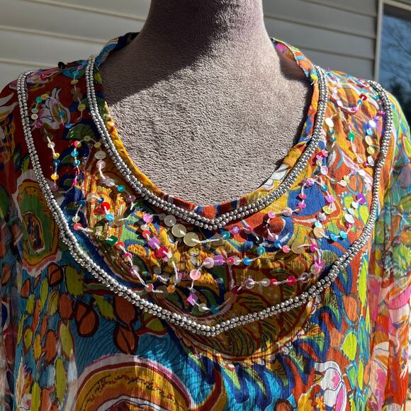 Boho Sequence Swimsuit Cover UP Floral Multi Colored Resort Wear Vacation Sz M - Picture 4 of 5
